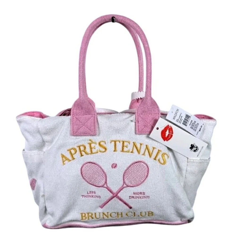 Wildfox Apres Tennis Brunch Club Terry Cloth Tote Bag Pink White‎ NWT